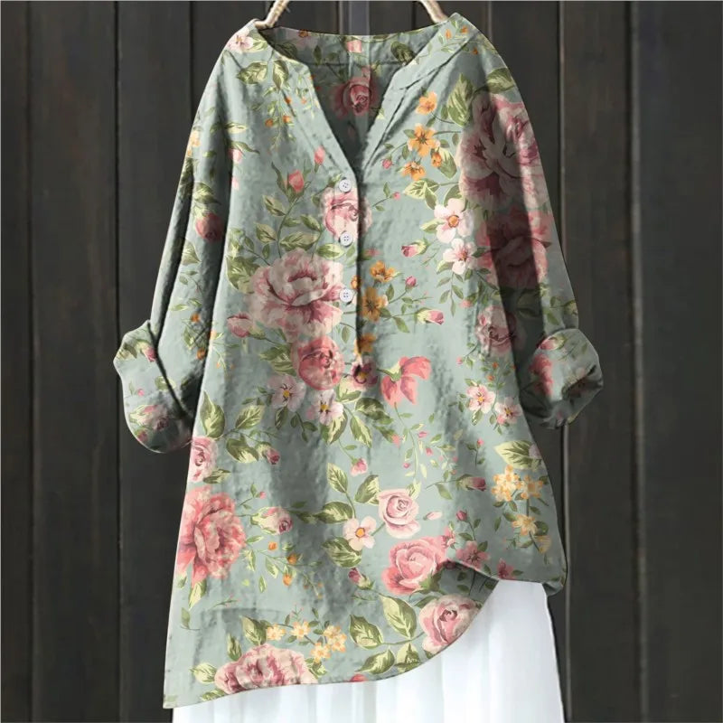 Women's casual shirt with Henley neckline and floral embroidery