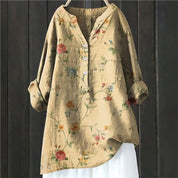 Women's casual shirt with Henley neckline and floral embroidery