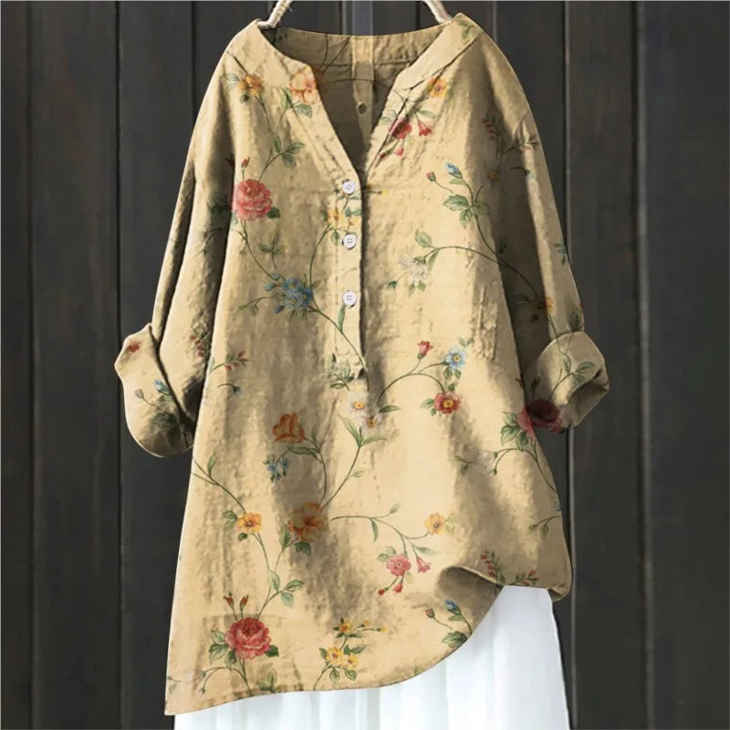 Women's casual shirt with Henley neckline and floral embroidery