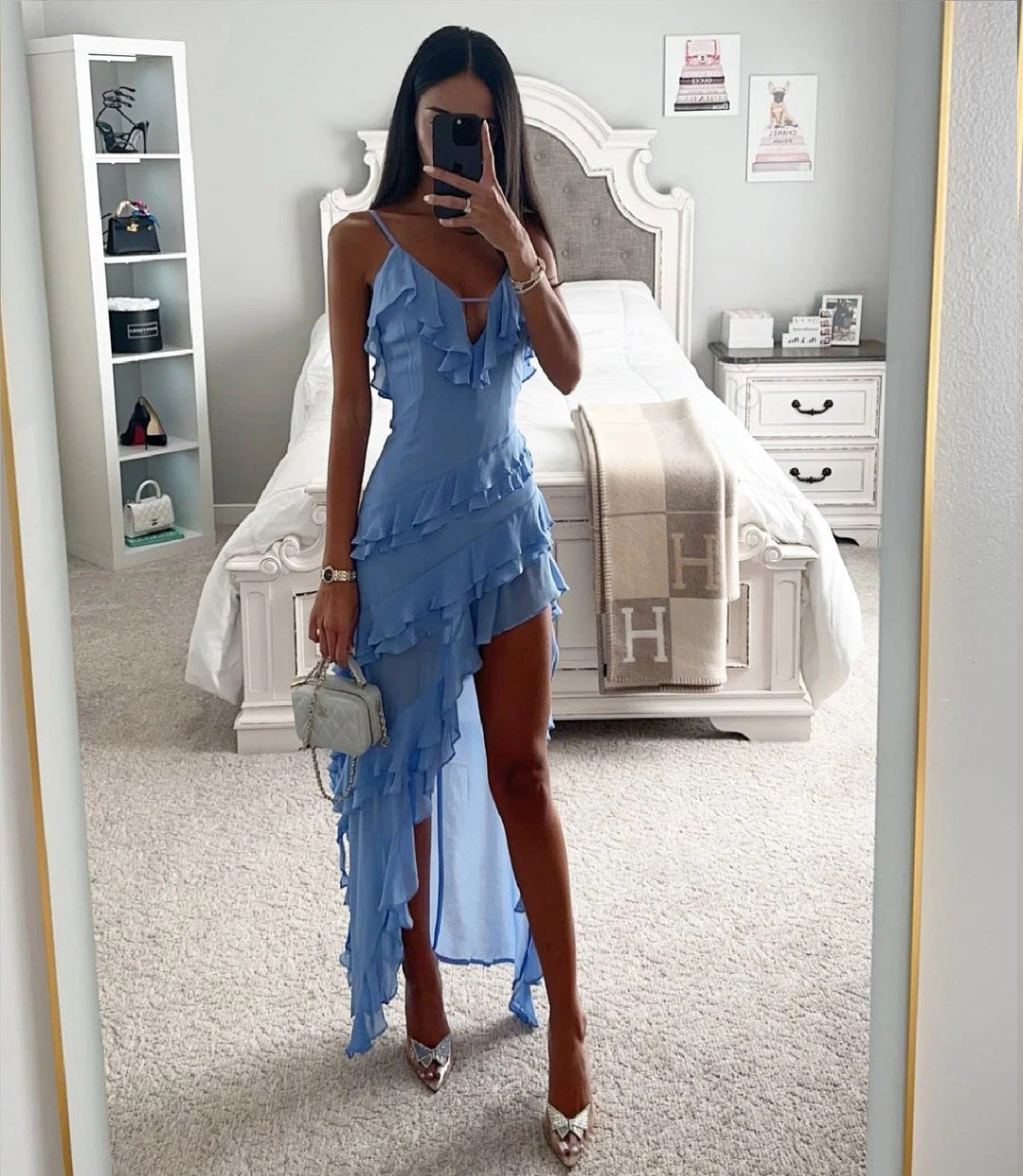 Women's High-Low Dress with V-Neck and Tiered Ruffle Hem