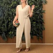 Women's V-Neck Jumpsuit with Self-Tie Waist