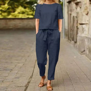 Women's Jumpsuit with Round Neck and Tie Belt
