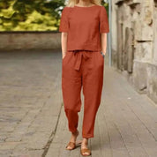 Women's Jumpsuit with Round Neck and Tie Belt
