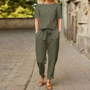 Women's Jumpsuit with Round Neck and Tie Belt