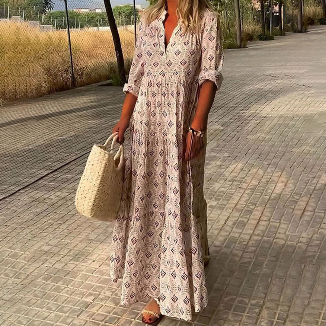 Women's Maxi Dress with V-Neck and Sleeves