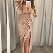 Women's maxi dress with off-the-shoulder neckline and three-quarter sleeves