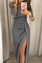 Women's maxi dress with off-the-shoulder neckline and three-quarter sleeves