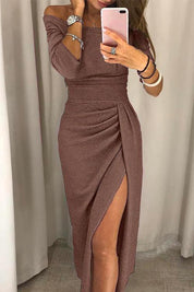 Women's maxi dress with off-the-shoulder neckline and three-quarter sleeves