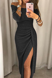 Women's maxi dress with off-the-shoulder neckline and three-quarter sleeves