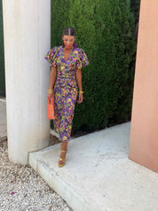 Women's Midi Dress with V-Neck and Short Puff Sleeves