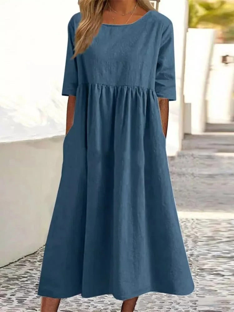 Women's Midi Dress with Half Sleeves and Side Pockets