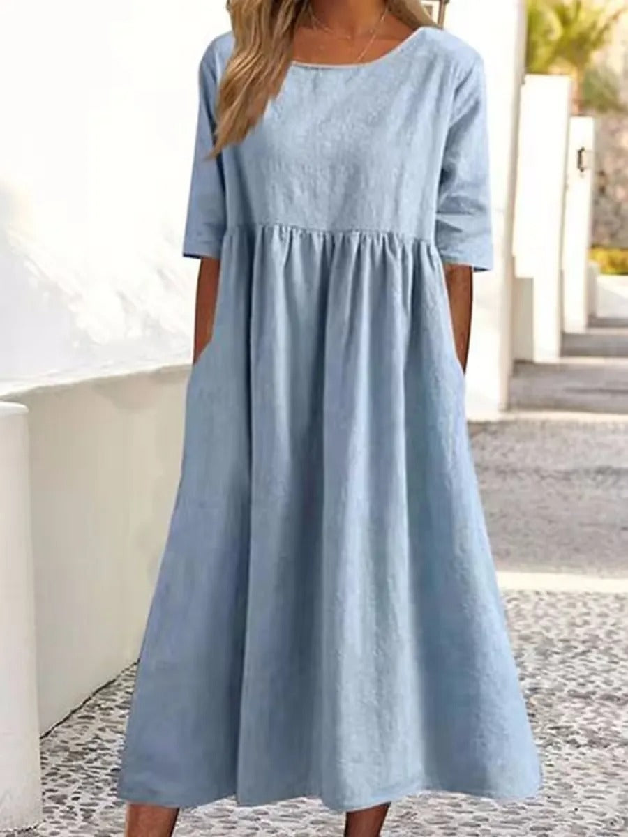 Women's Midi Dress with Half Sleeves and Side Pockets