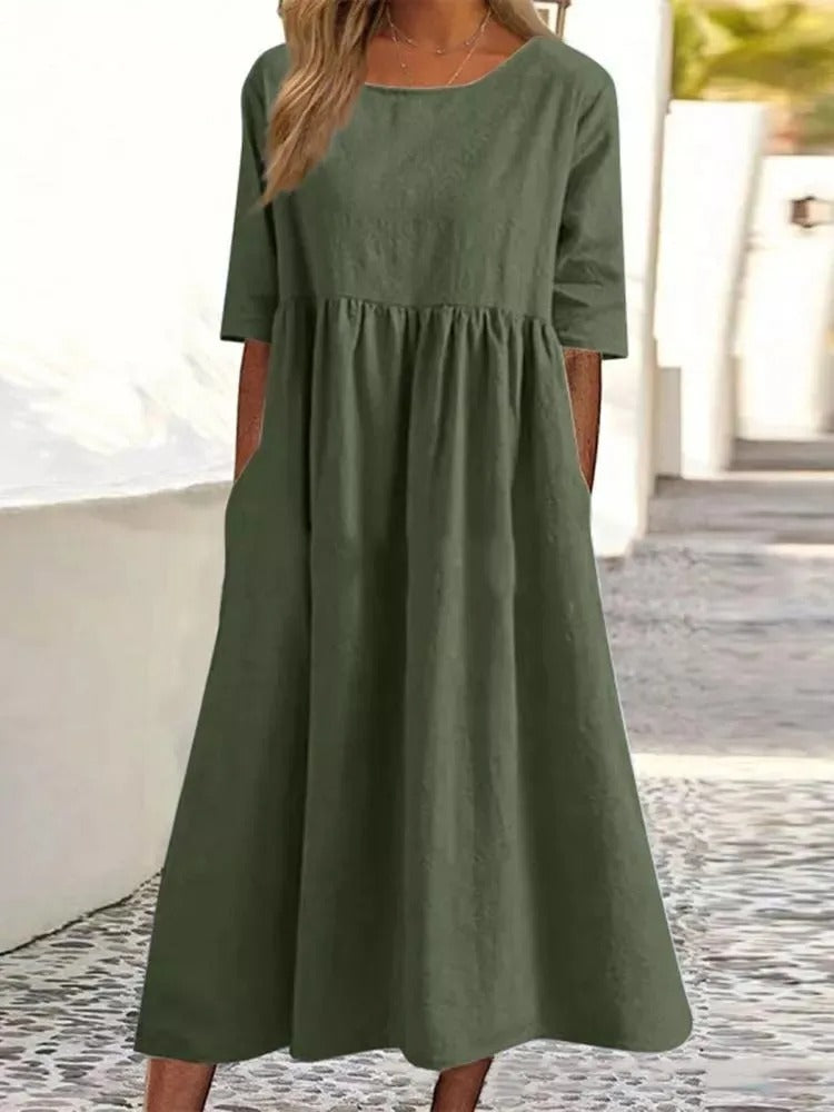 Women's Midi Dress with Half Sleeves and Side Pockets