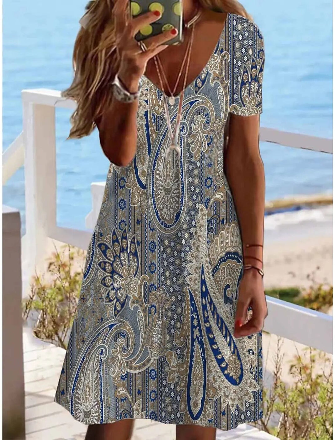 Women's Paisley Dress with V-Neck and Short Sleeves