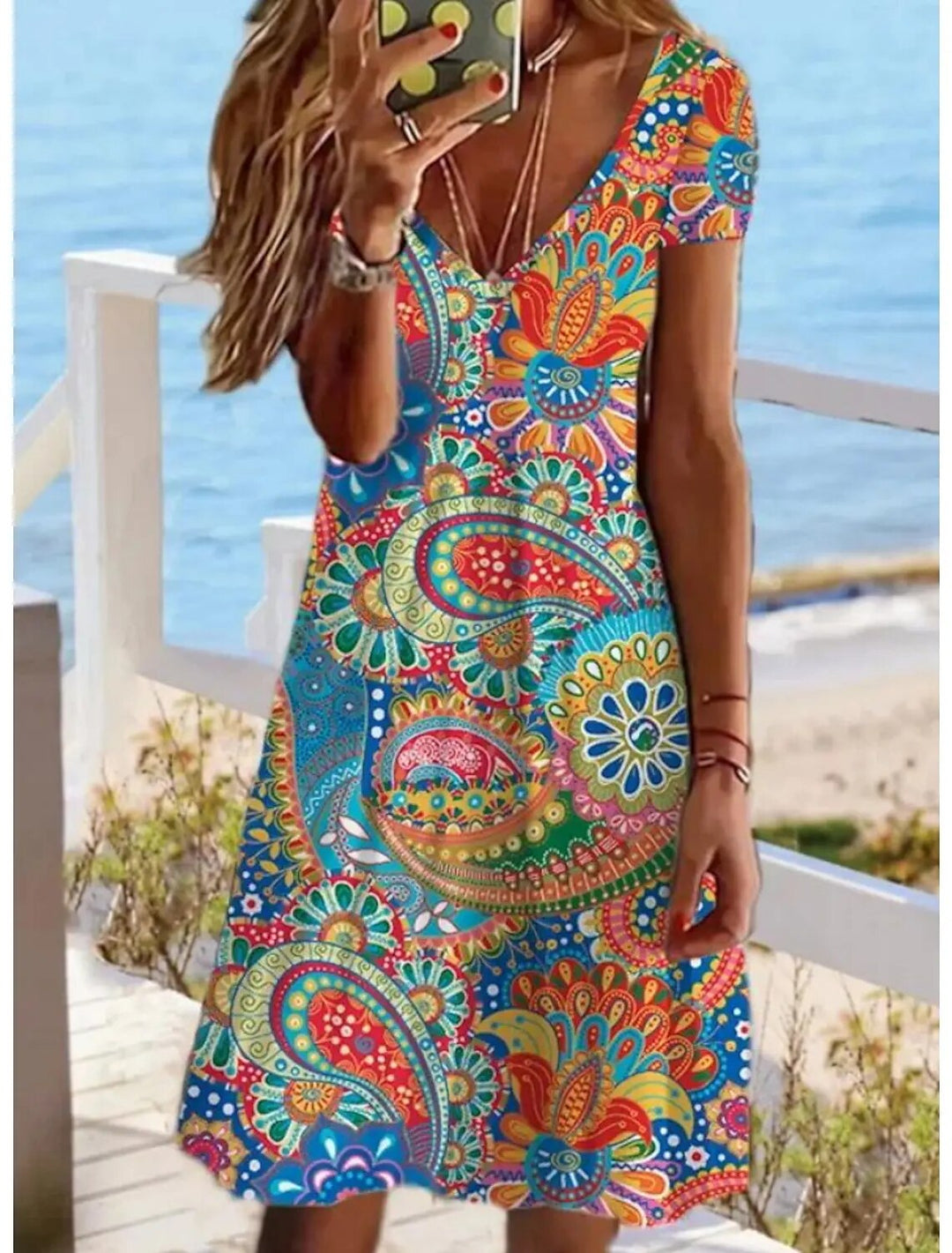 Women's Paisley Dress with V-Neck and Short Sleeves
