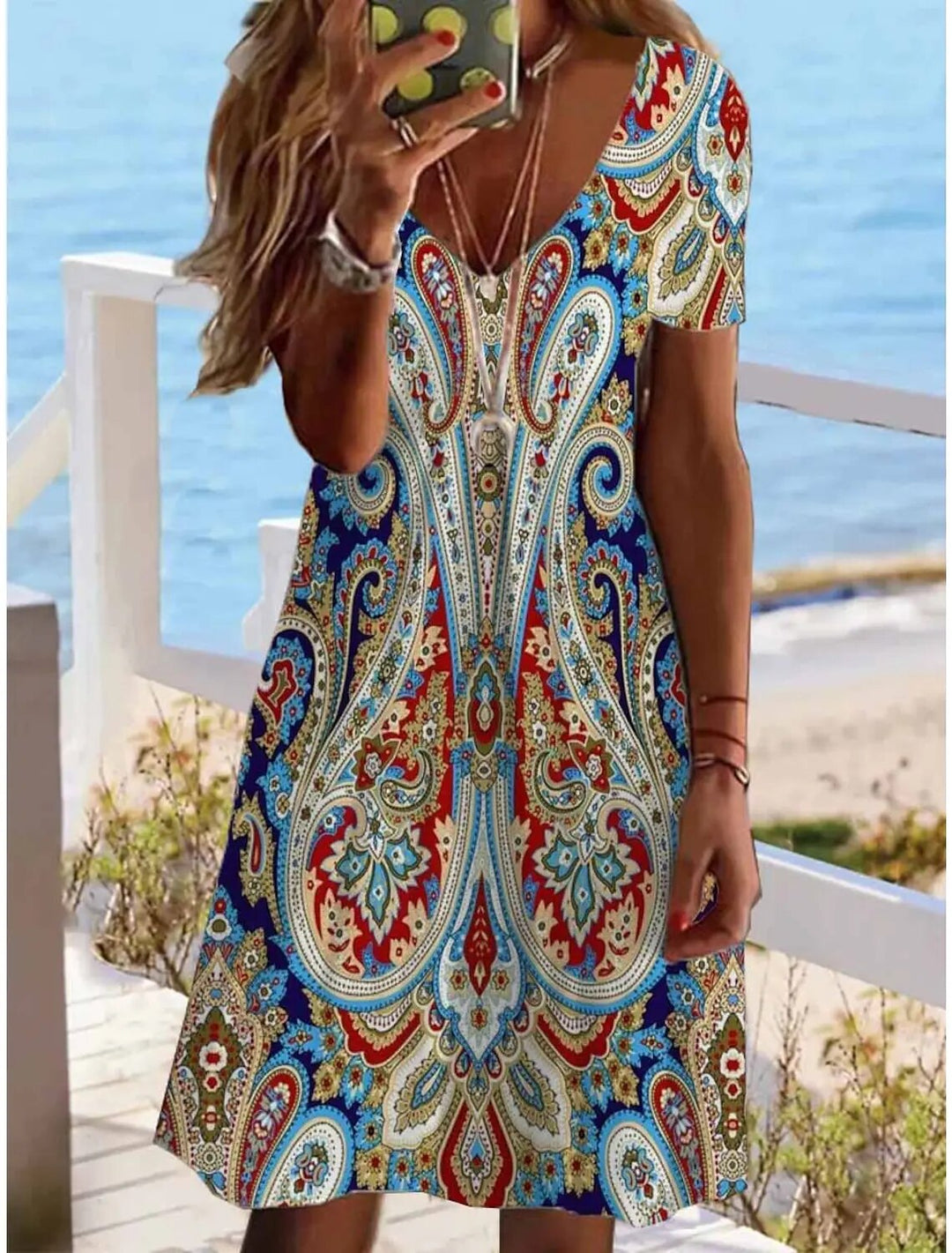 Women's Paisley Dress with V-Neck and Short Sleeves