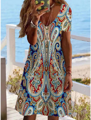 Women's Paisley Dress with V-Neck and Short Sleeves