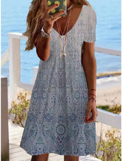 Women's Paisley Dress with V-Neck and Short Sleeves