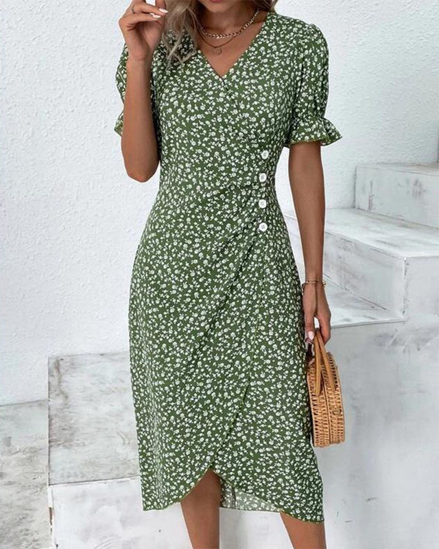 Women's Floral V-Neck Short Sleeve Dress