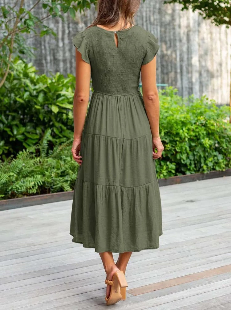 Women's Tiered Dress with Round Neck and Short Sleeves