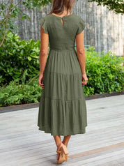 Women's Tiered Dress with Round Neck and Short Sleeves