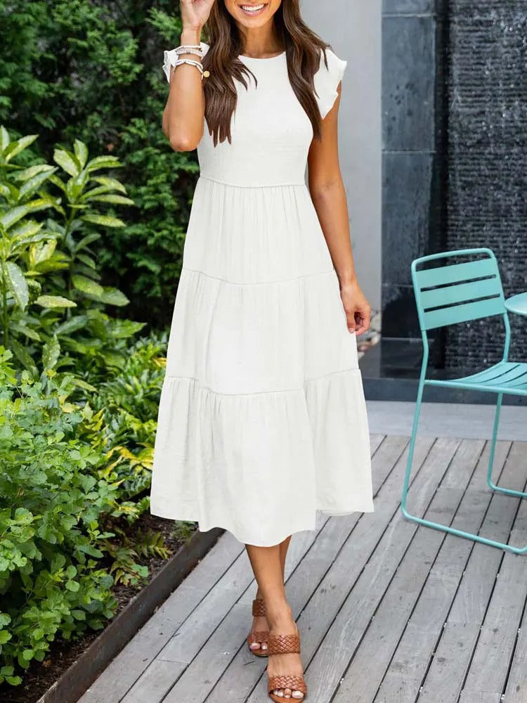Women's Tiered Dress with Round Neck and Short Sleeves