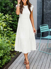 Women's Tiered Dress with Round Neck and Short Sleeves