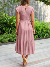Women's Tiered Dress with Round Neck and Short Sleeves