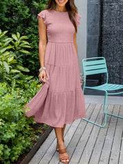 Women's Tiered Dress with Round Neck and Short Sleeves