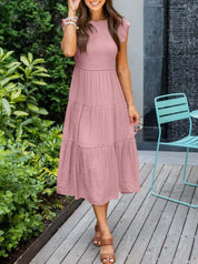 Women's Tiered Dress with Round Neck and Short Sleeves