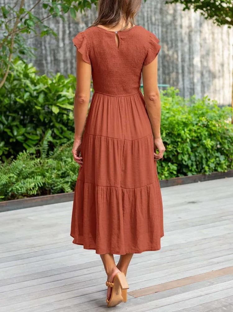 Women's Tiered Dress with Round Neck and Short Sleeves