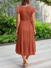 Women's Tiered Dress with Round Neck and Short Sleeves