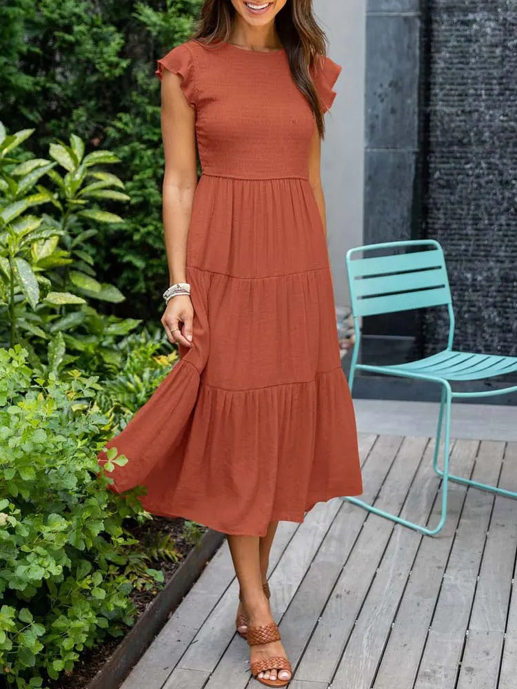 Women's Tiered Dress with Round Neck and Short Sleeves
