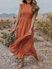 Women's Tiered Dress with Round Neck and Short Sleeves