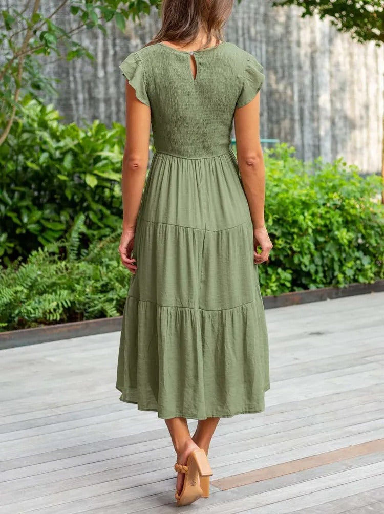 Women's Tiered Dress with Round Neck and Short Sleeves