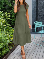 Women's Tiered Dress with Round Neck and Short Sleeves