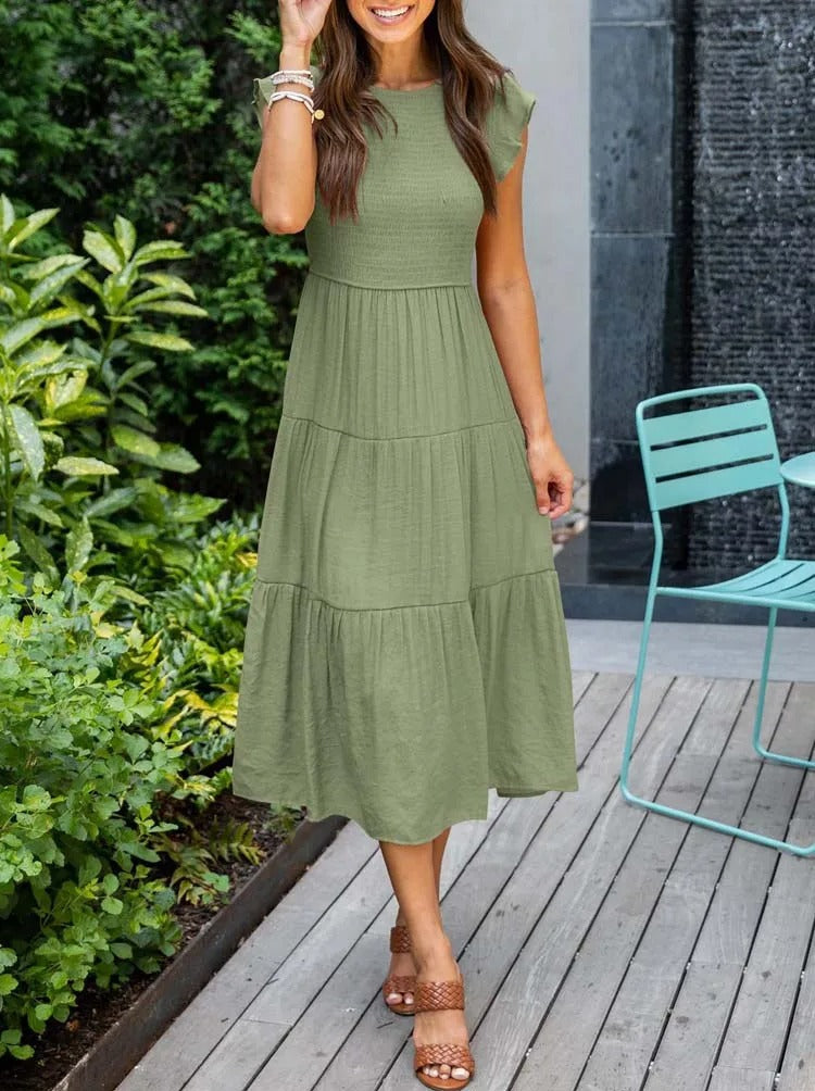 Women's Tiered Dress with Round Neck and Short Sleeves