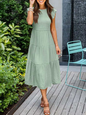 Women's Tiered Dress with Round Neck and Short Sleeves
