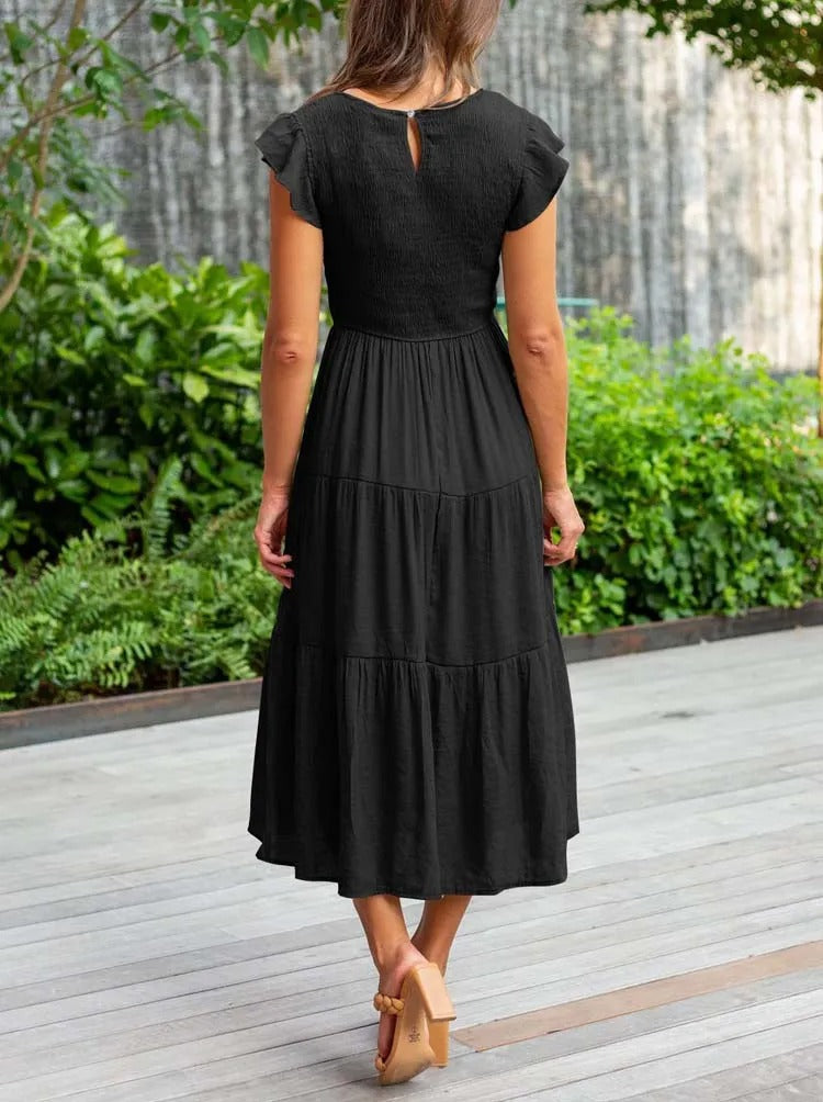 Women's Tiered Dress with Round Neck and Short Sleeves