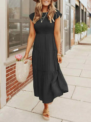 Women's Tiered Dress with Round Neck and Short Sleeves