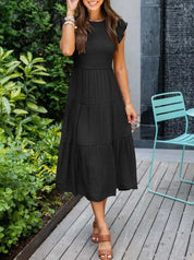 Women's Tiered Dress with Round Neck and Short Sleeves