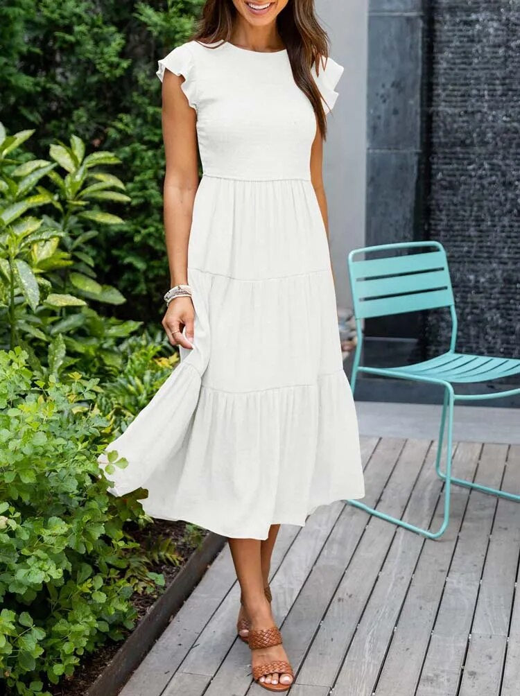Women's Tiered Dress with Round Neck and Short Sleeves