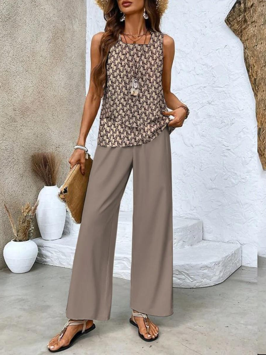 Women's Two-Piece Set with Square Neck and Floral Print Pants