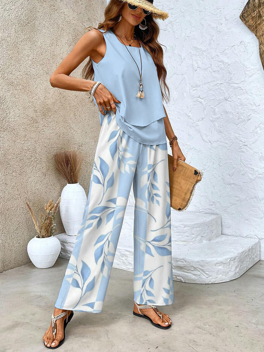 Women's Two-Piece Set with Square Neck and Floral Print Pants