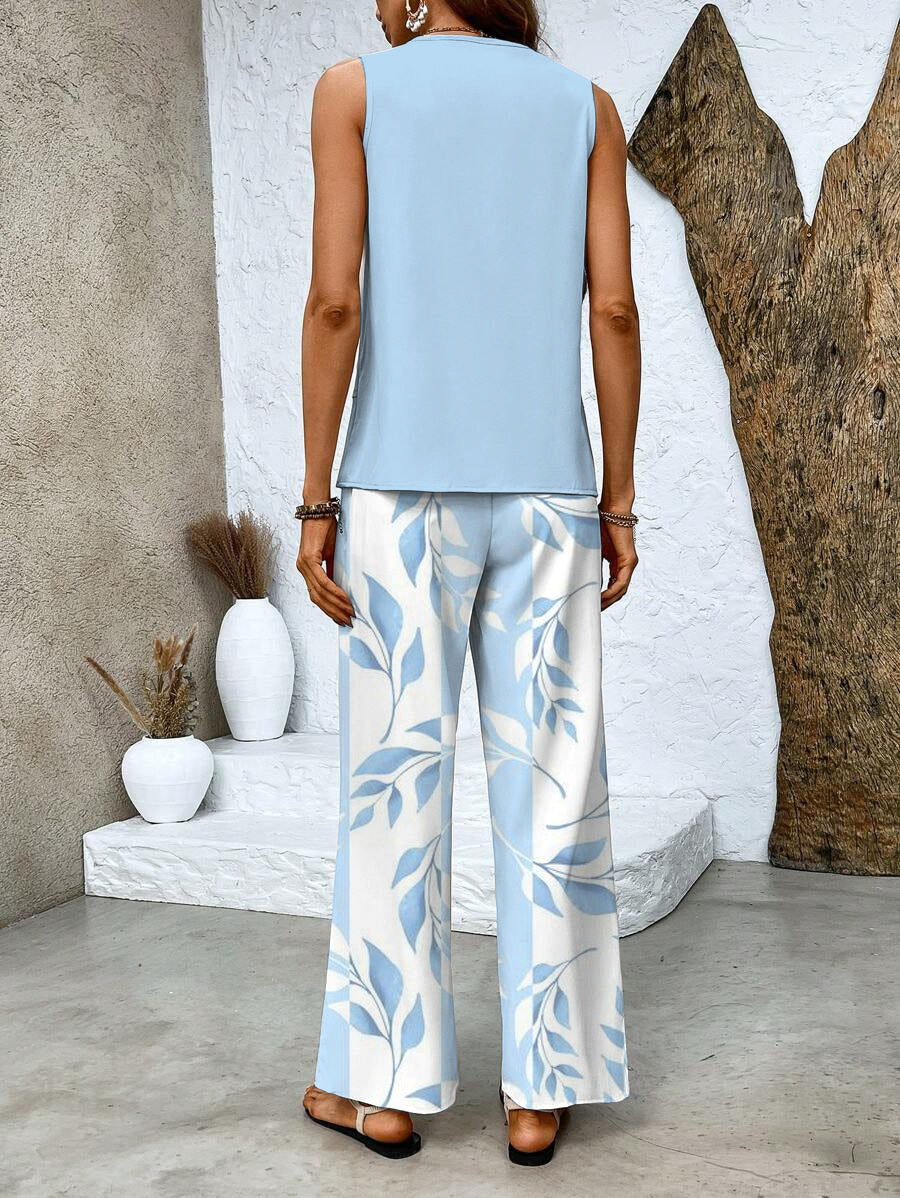 Women's Two-Piece Set with Square Neck and Floral Print Pants