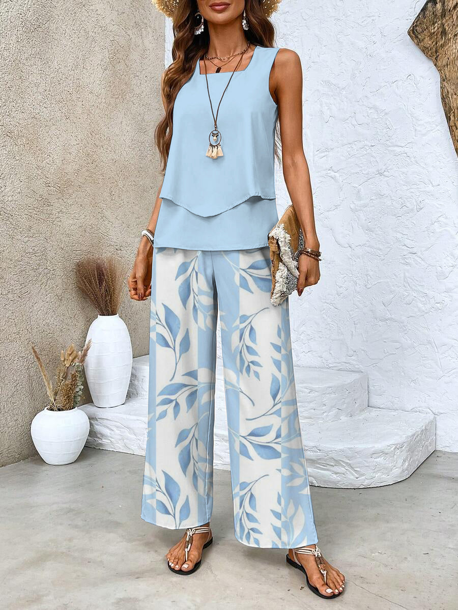 Women's Two-Piece Set with Square Neck and Floral Print Pants