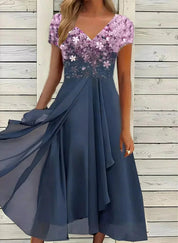 Women's A-Line Evening Dress with V-Neck and Short Sleeves