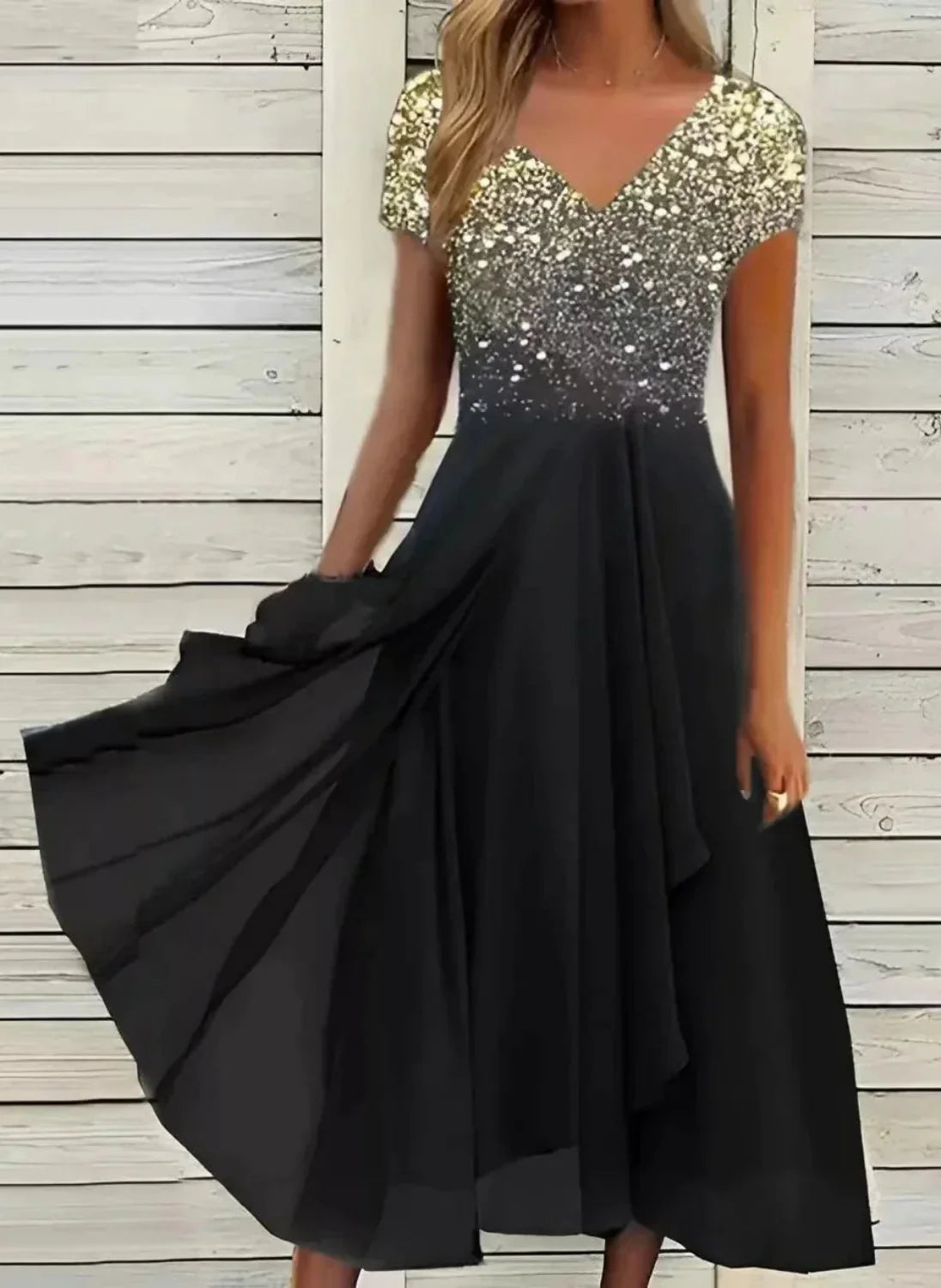 Women's A-Line Evening Dress with V-Neck and Short Sleeves