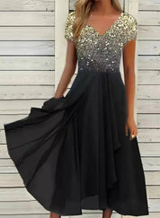 Women's A-Line Evening Dress with V-Neck and Short Sleeves