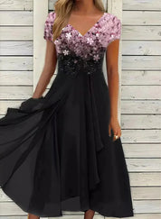Women's A-Line Evening Dress with V-Neck and Short Sleeves